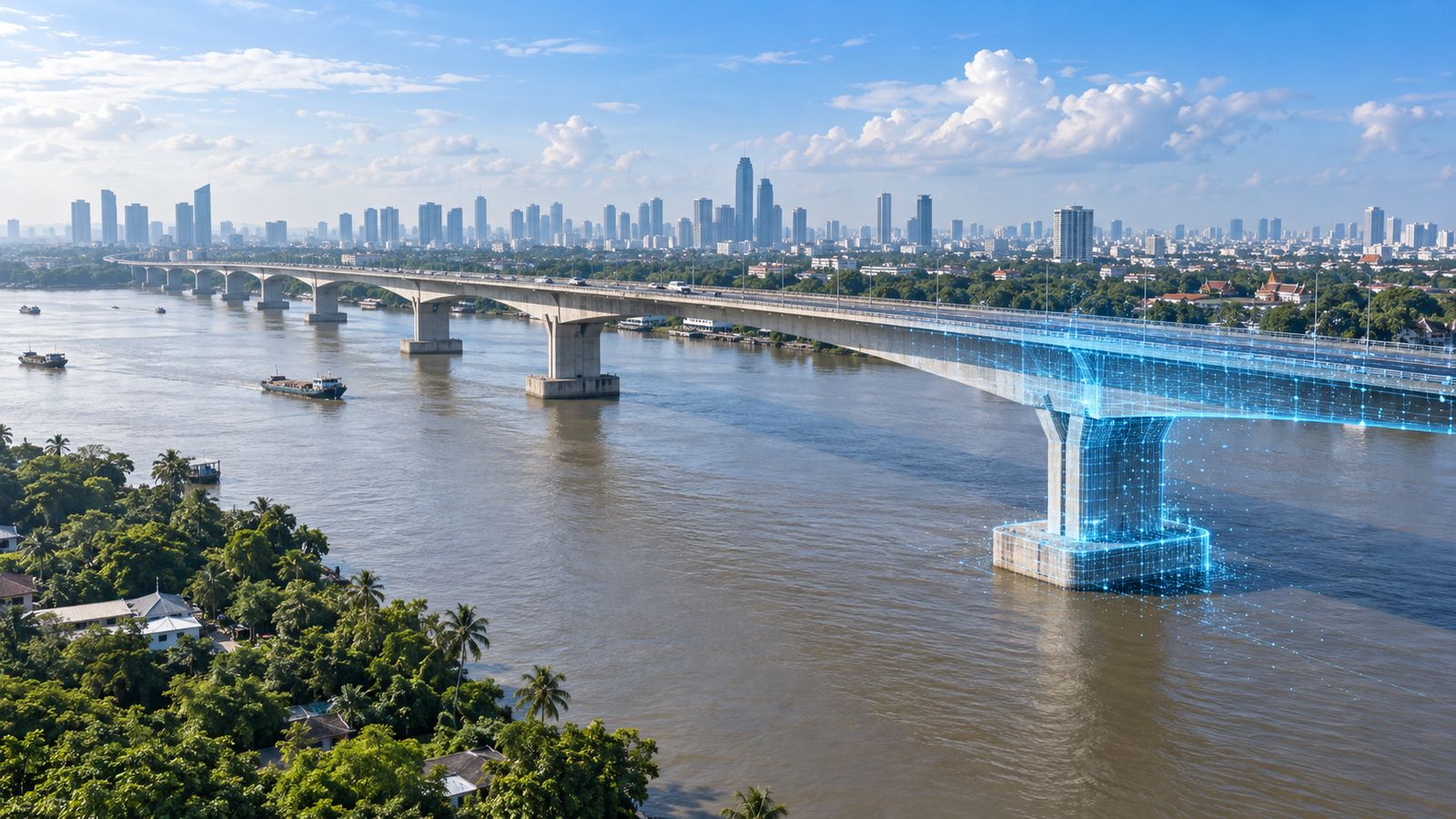 Illustration: a long river bridge, one pier shown as a digital-twin wireframe